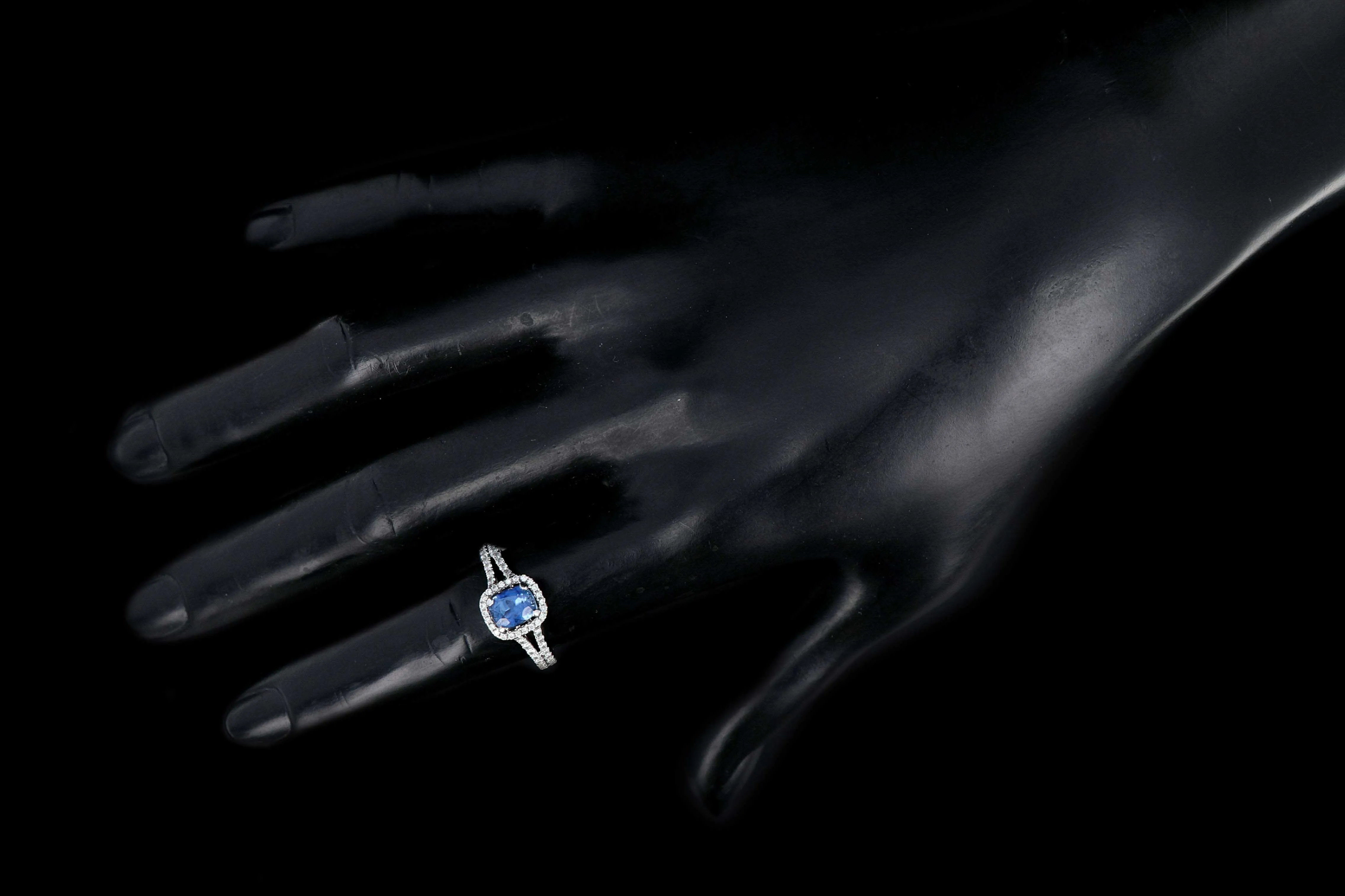 Modern 18K White Gold 1.25 Natural Sapphire and Diamond Halo Ring