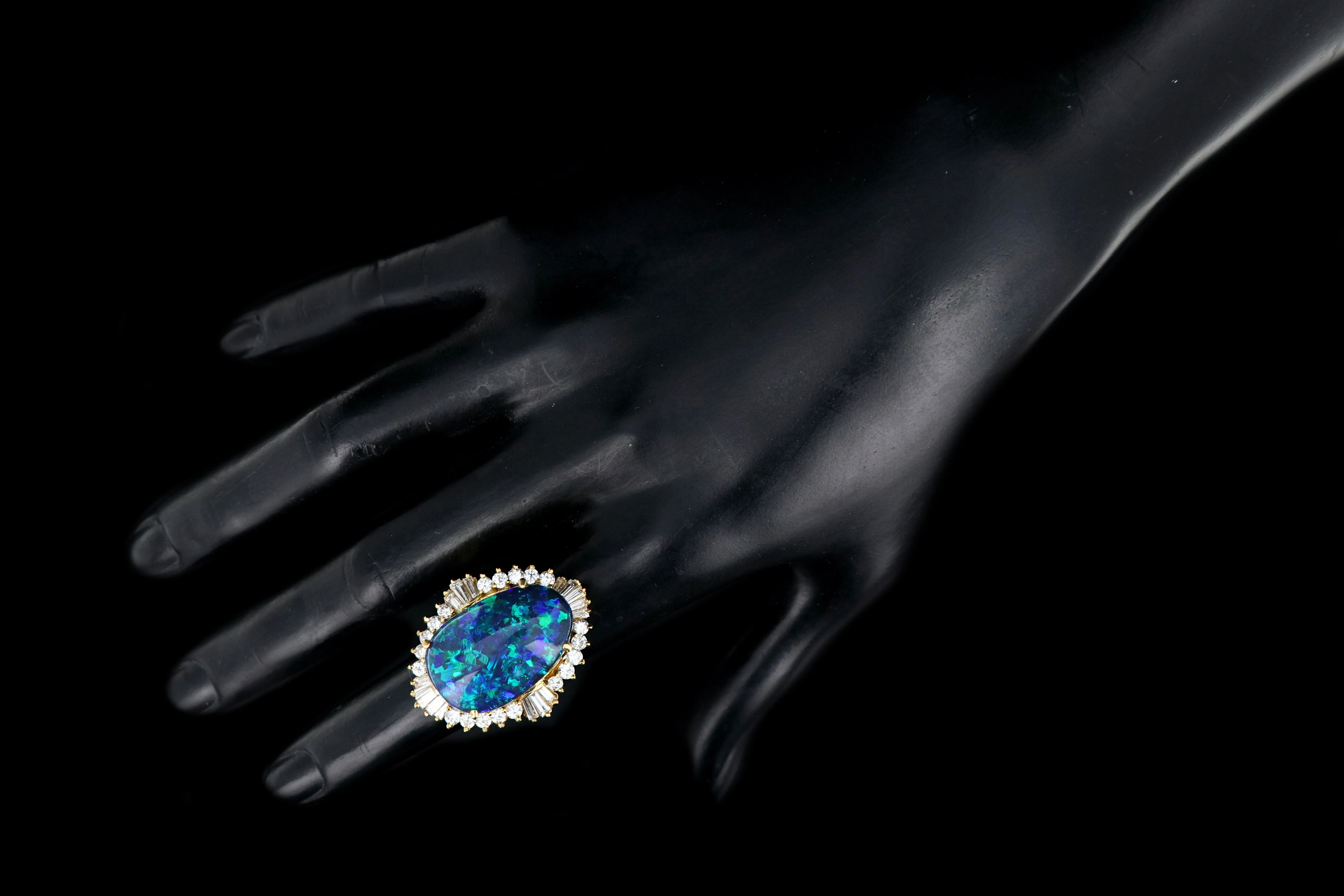 Modern 18K Yellow Gold 20 Carat Black Opal and Diamond Cocktail Ring