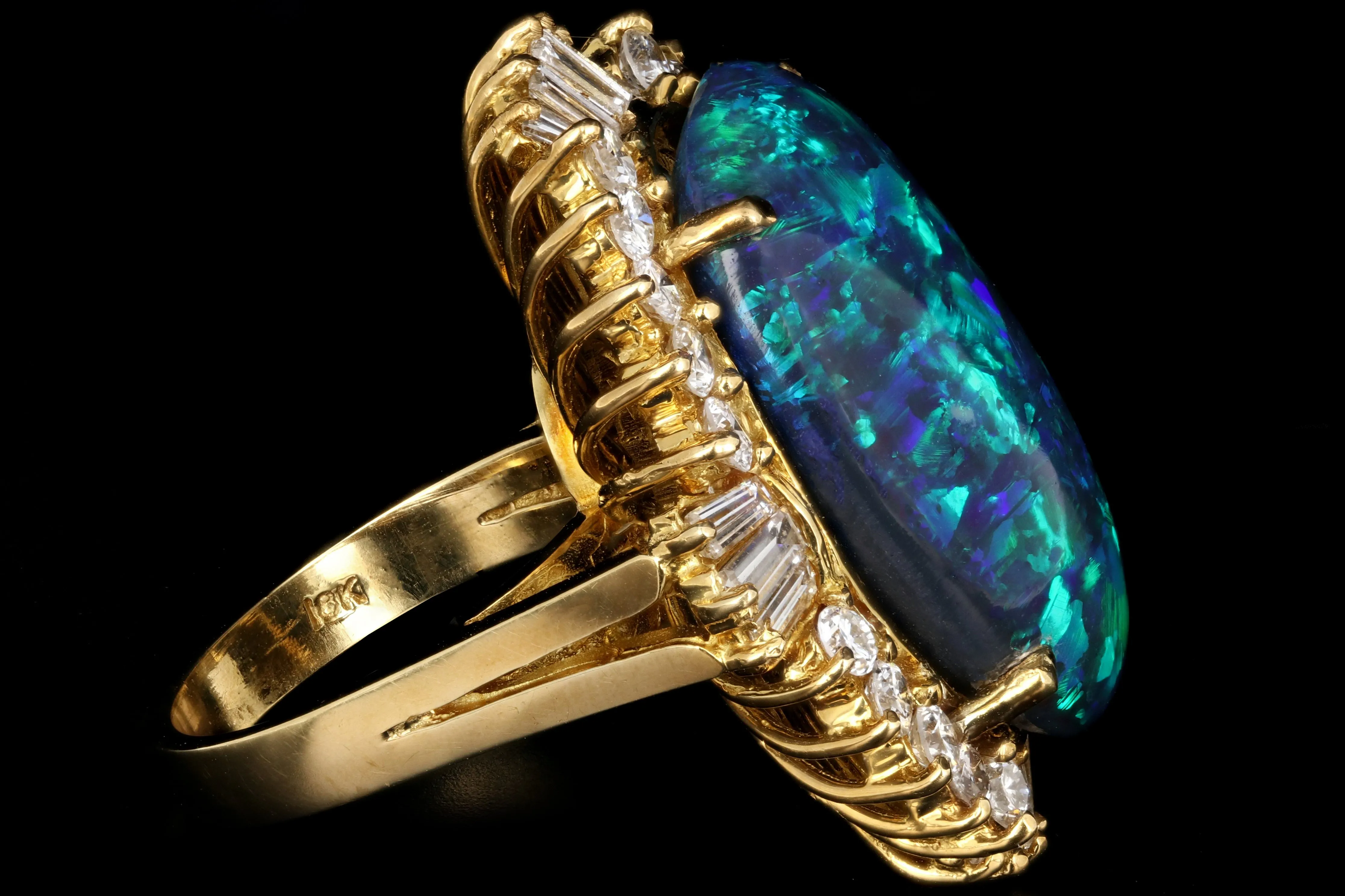Modern 18K Yellow Gold 20 Carat Black Opal and Diamond Cocktail Ring