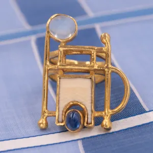Modern Abstract Art Sapphire and Moonstone Ring c1970