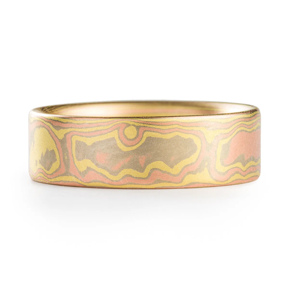 Modern Mokume Wedding Band in Blaze Palette and Woodgrain Pattern