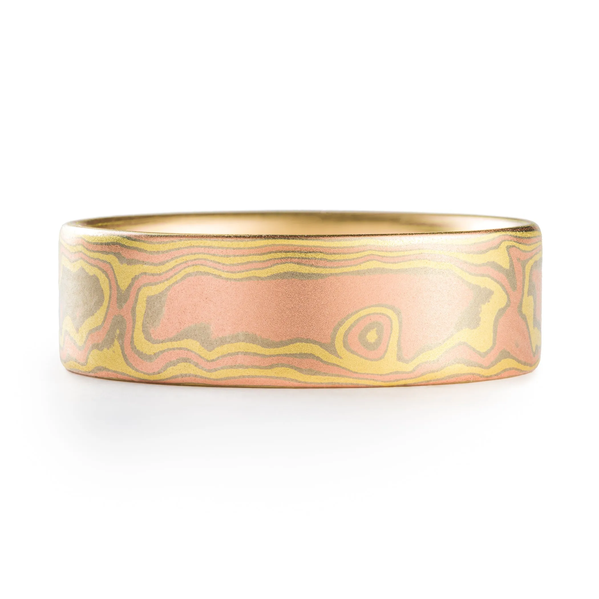 Modern Mokume Wedding Band in Blaze Palette and Woodgrain Pattern