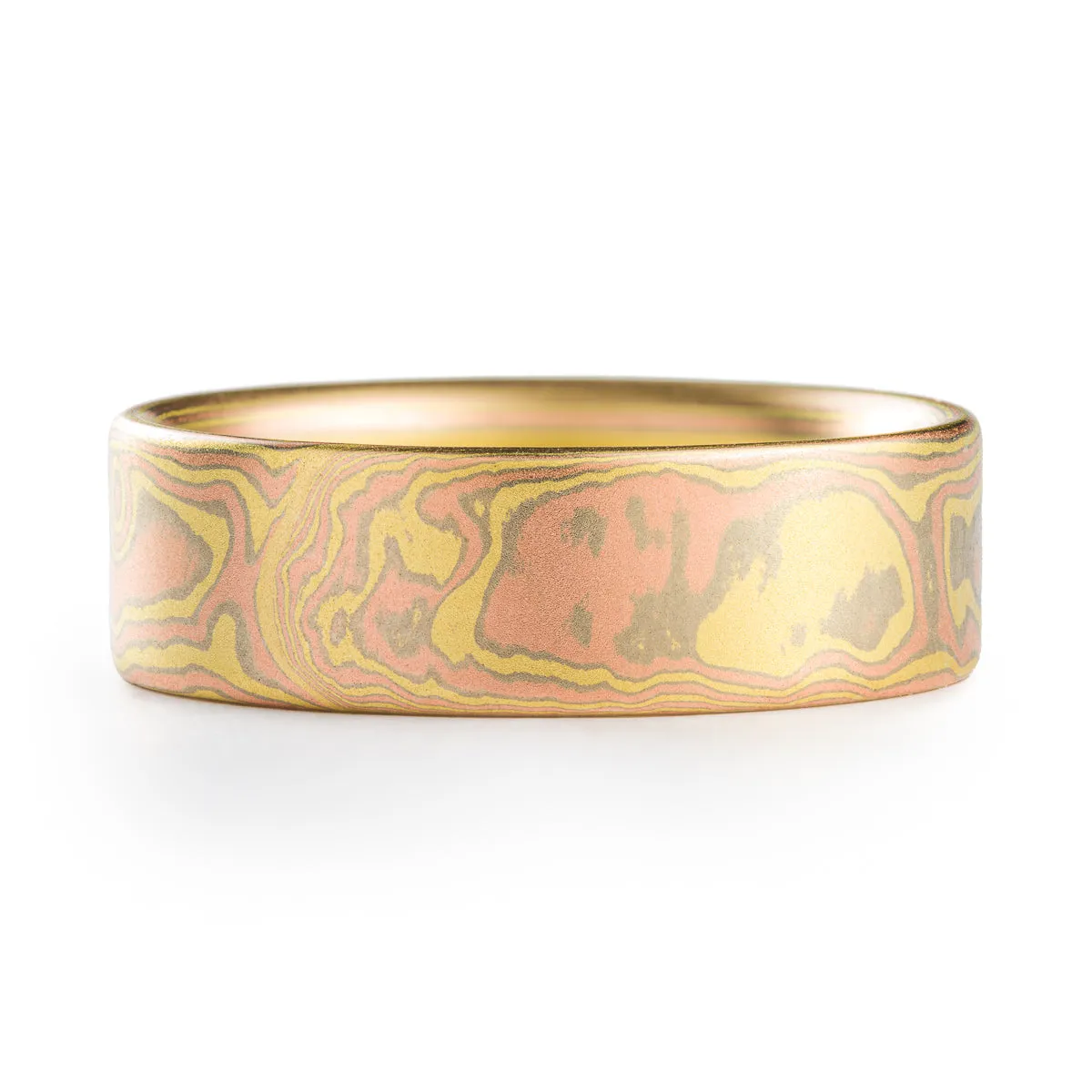 Modern Mokume Wedding Band in Blaze Palette and Woodgrain Pattern