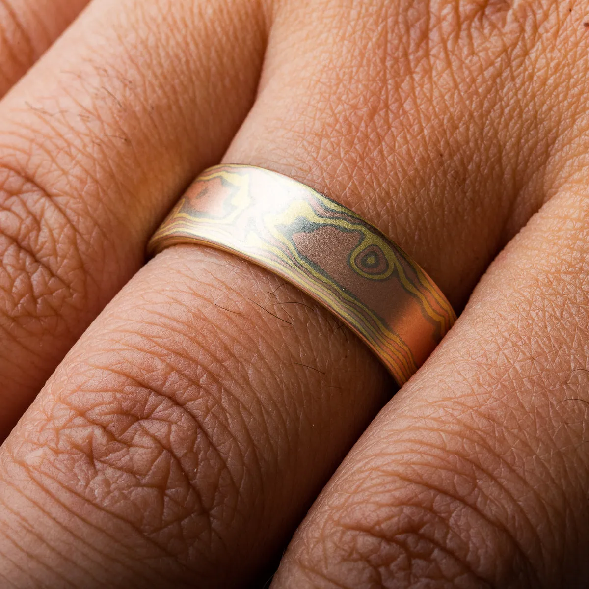 Modern Mokume Wedding Band in Blaze Palette and Woodgrain Pattern