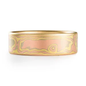 Modern Mokume Wedding Band in Blaze Palette and Woodgrain Pattern