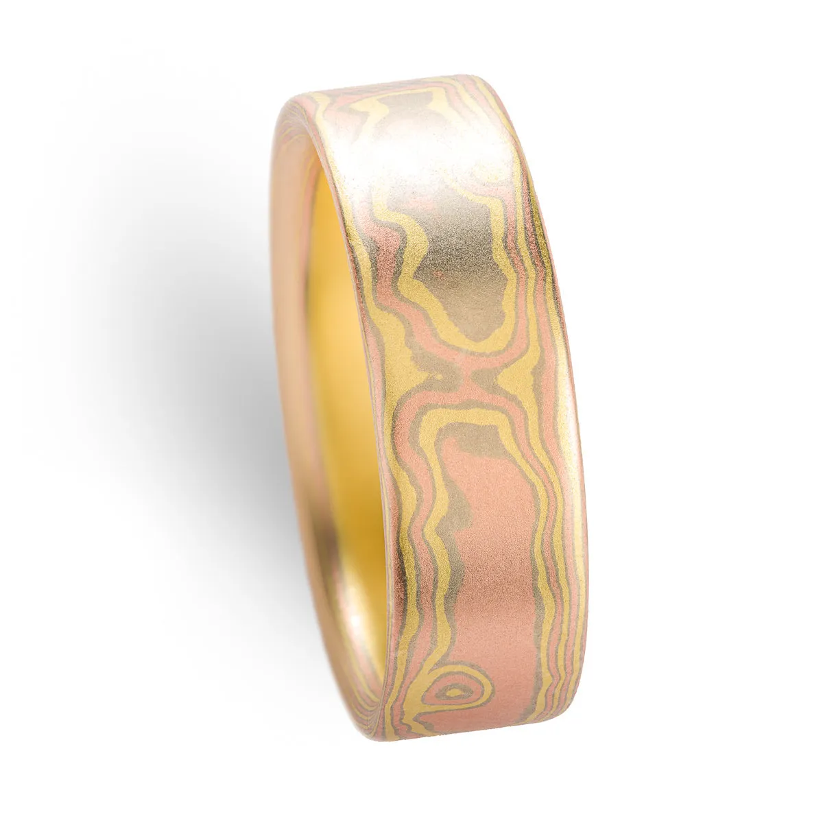 Modern Mokume Wedding Band in Blaze Palette and Woodgrain Pattern