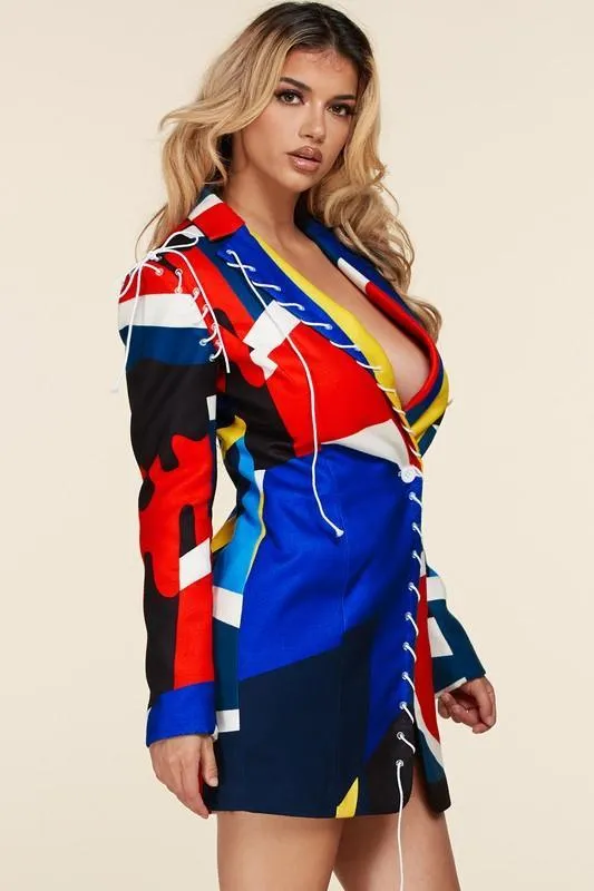 MUILIT COLOR ABSTRACT BLAZER MINI DRESS