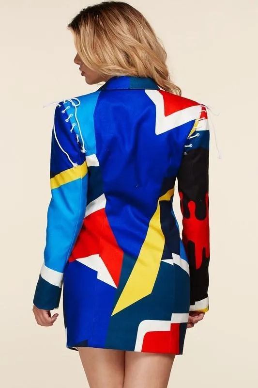 MUILIT COLOR ABSTRACT BLAZER MINI DRESS