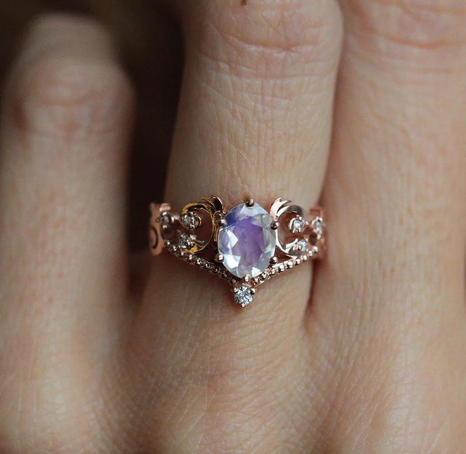 Naira Vintage Rainbow Moonstone Engagement Ring with Diamonds