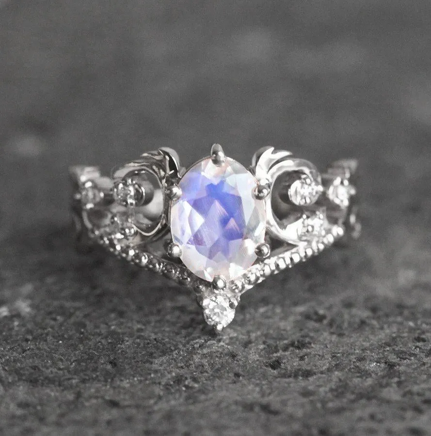 Naira Vintage Rainbow Moonstone Engagement Ring with Diamonds