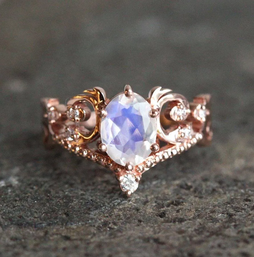 Naira Vintage Rainbow Moonstone Engagement Ring with Diamonds