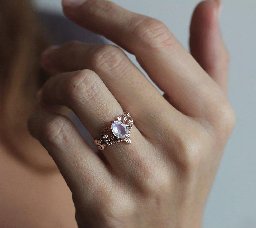 Naira Vintage Rainbow Moonstone Engagement Ring with Diamonds