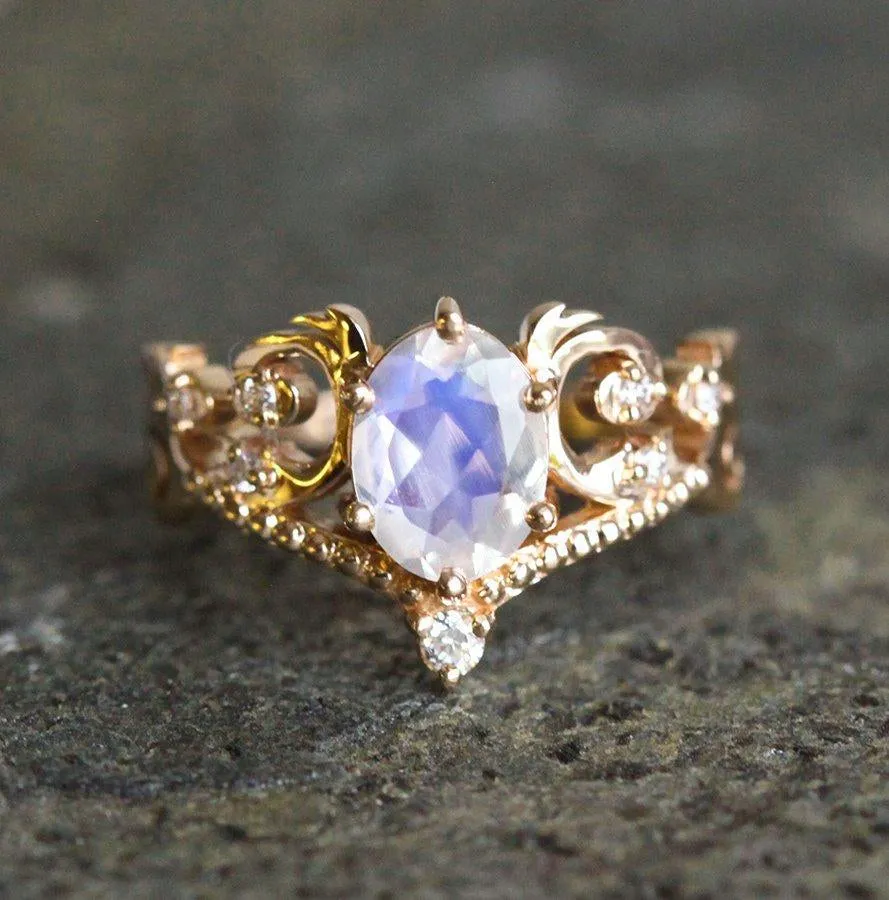 Naira Vintage Rainbow Moonstone Engagement Ring with Diamonds