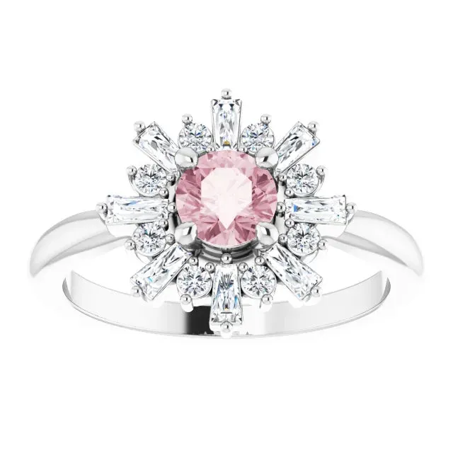 Natural Morganite Round & Baguette Diamond Halo Ring