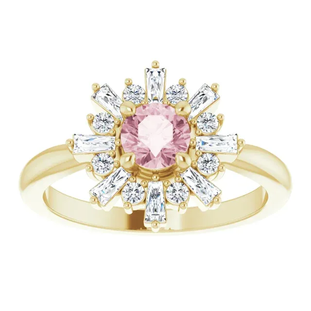 Natural Morganite Round & Baguette Diamond Halo Ring