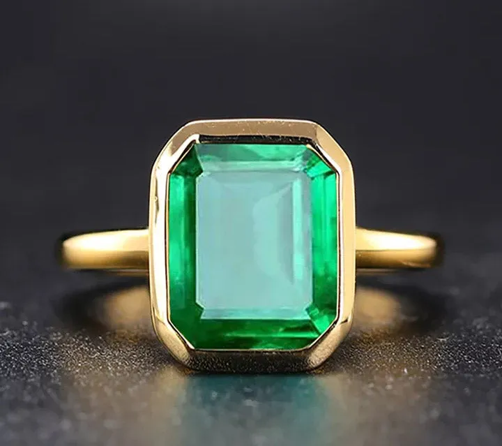 Natural Vintage Emerald Ring 18K Yellow Gold Women's Wedding Bridal Jewelry