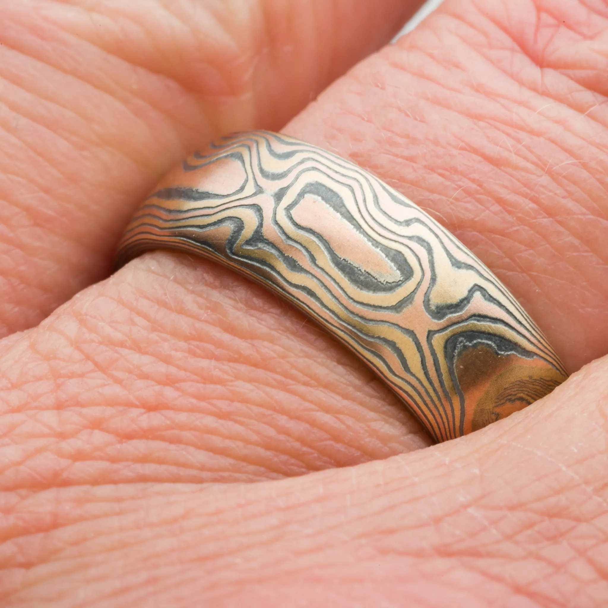 Nature Inspired Mokume Gane Wedding Ring or Wedding Band Set in Fire Palette and Woodgrain Pattern