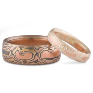 Nature Inspired Mokume Gane Wedding Ring or Wedding Band Set in Fire Palette and Woodgrain Pattern