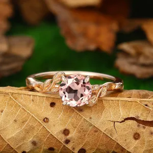 Nature Leaf Twist Vines Round Cut Gold Natural Morganite Leaf Engagement Ring