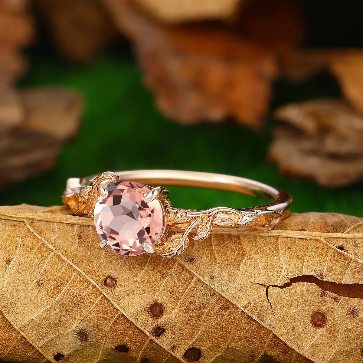 Nature Leaf Twist Vines Round Cut Gold Natural Morganite Leaf Engagement Ring