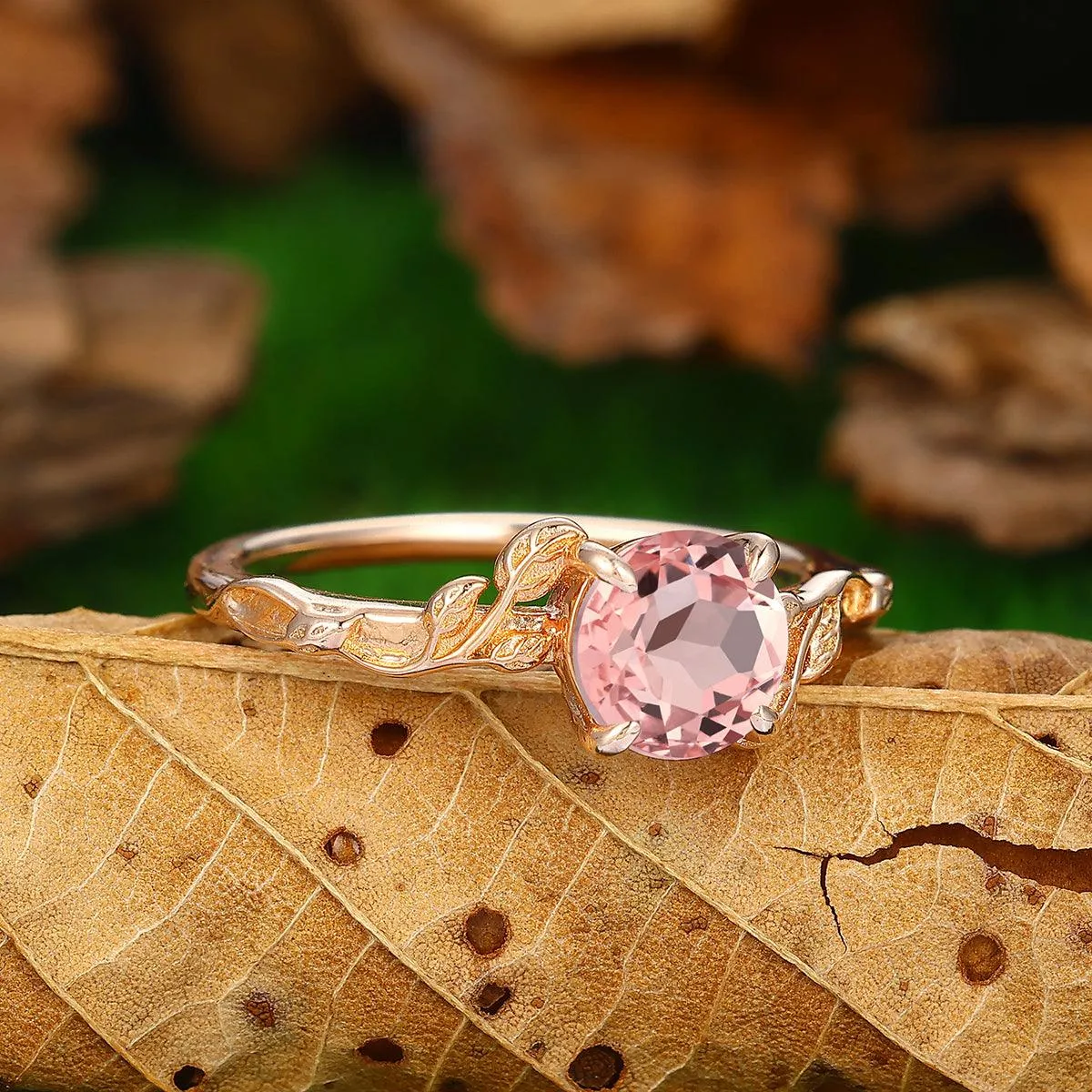 Nature Leaf Twist Vines Round Cut Gold Natural Morganite Leaf Engagement Ring