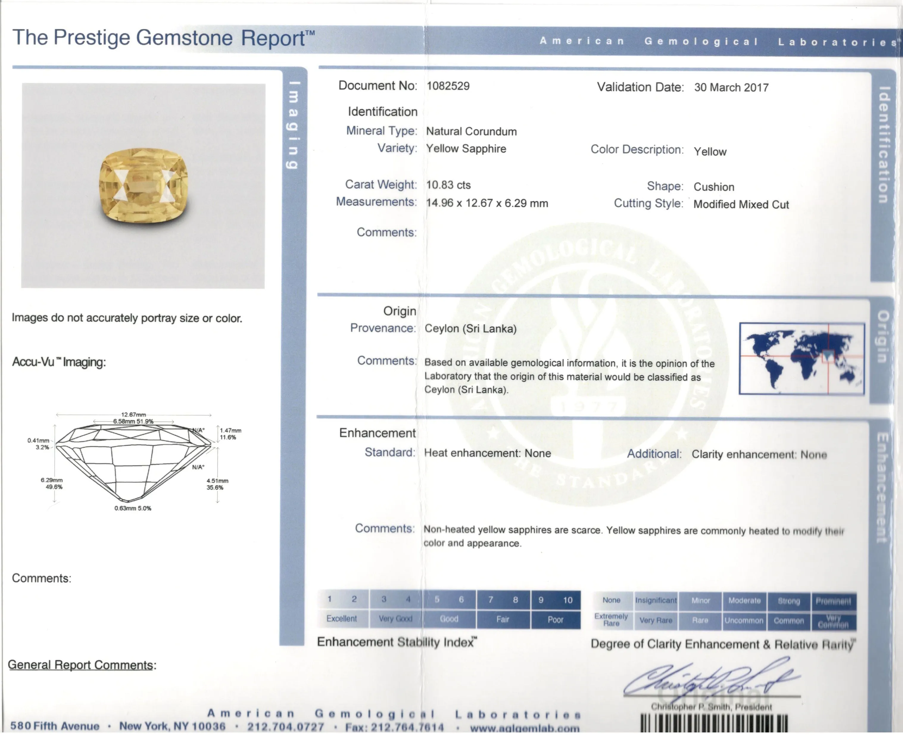 New 14K White Gold 10.83 Carat Natural Yellow Sapphire & Diamond Ring AGL Certified