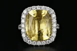 New 14K White Gold 10.83 Carat Natural Yellow Sapphire & Diamond Ring AGL Certified