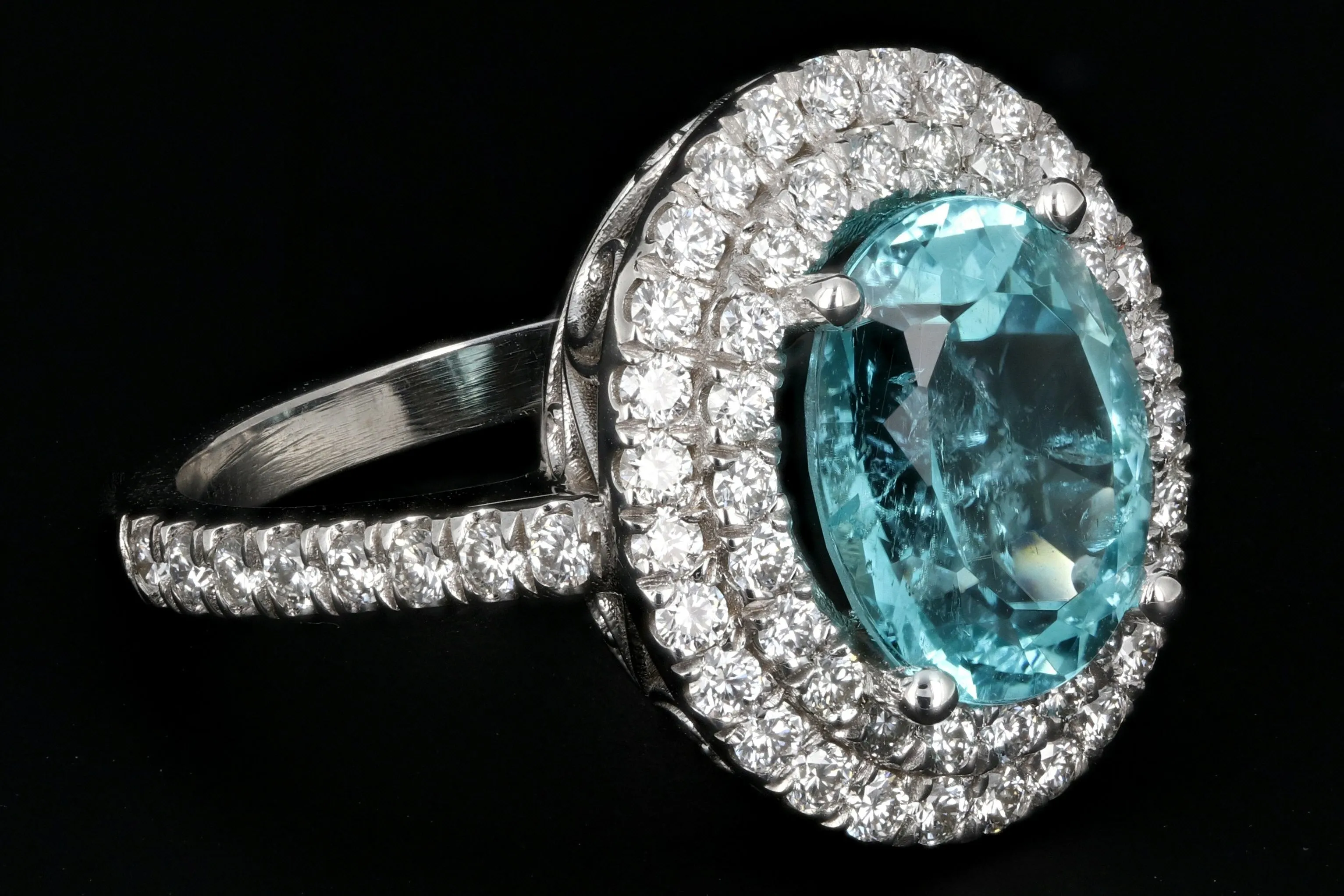 New 18K White Gold 3.29 Carat Paraiba-Type Tourmaline & Diamond Halo Ring AGL Certified