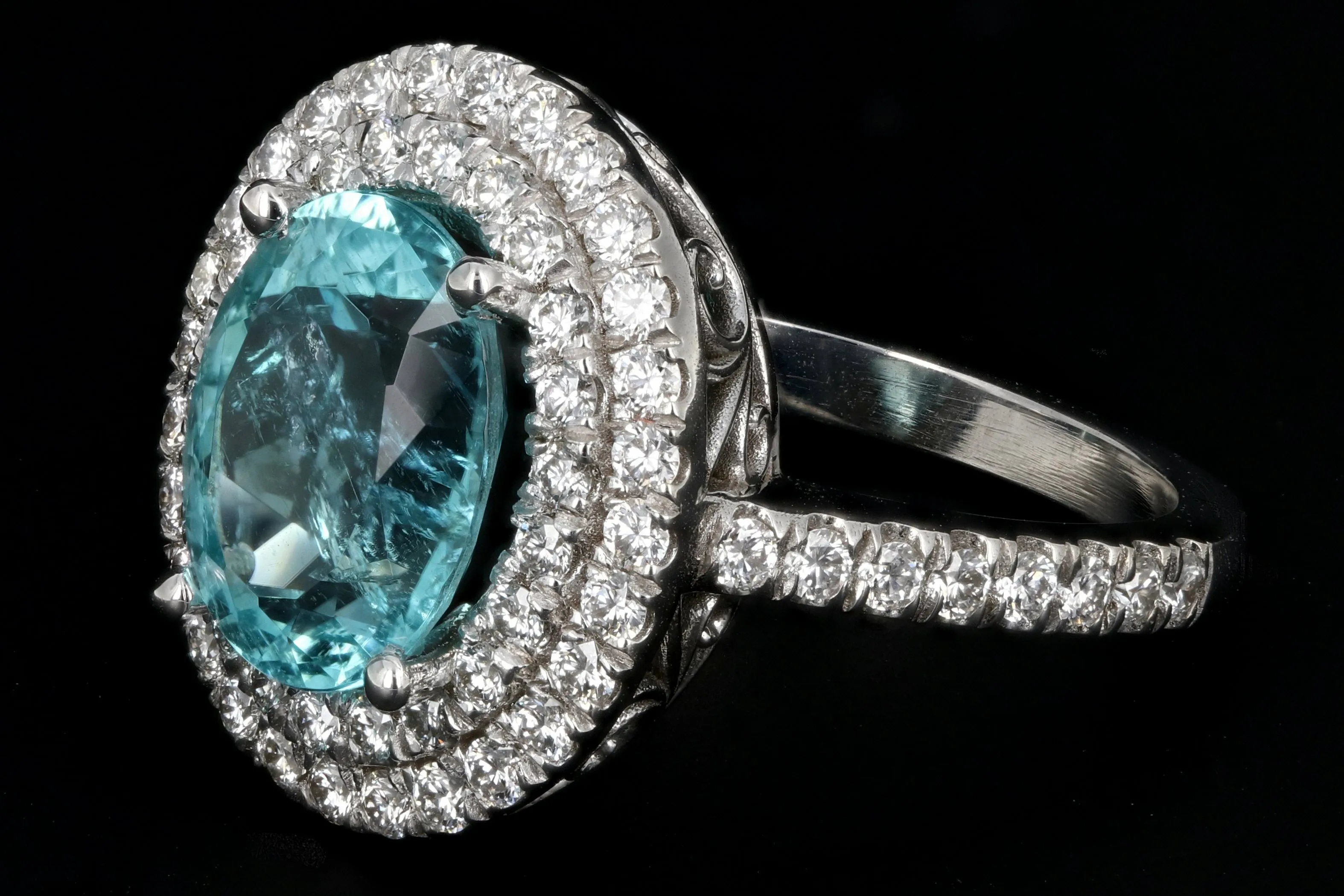 New 18K White Gold 3.29 Carat Paraiba-Type Tourmaline & Diamond Halo Ring AGL Certified