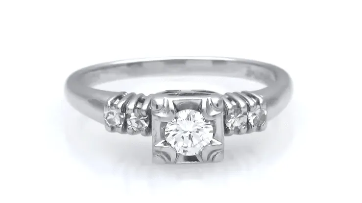 Noelle 1950's Mid Century Modern Fishtail Box Illusion Vintage Diamond Engagement Ring in 14K White Gold
