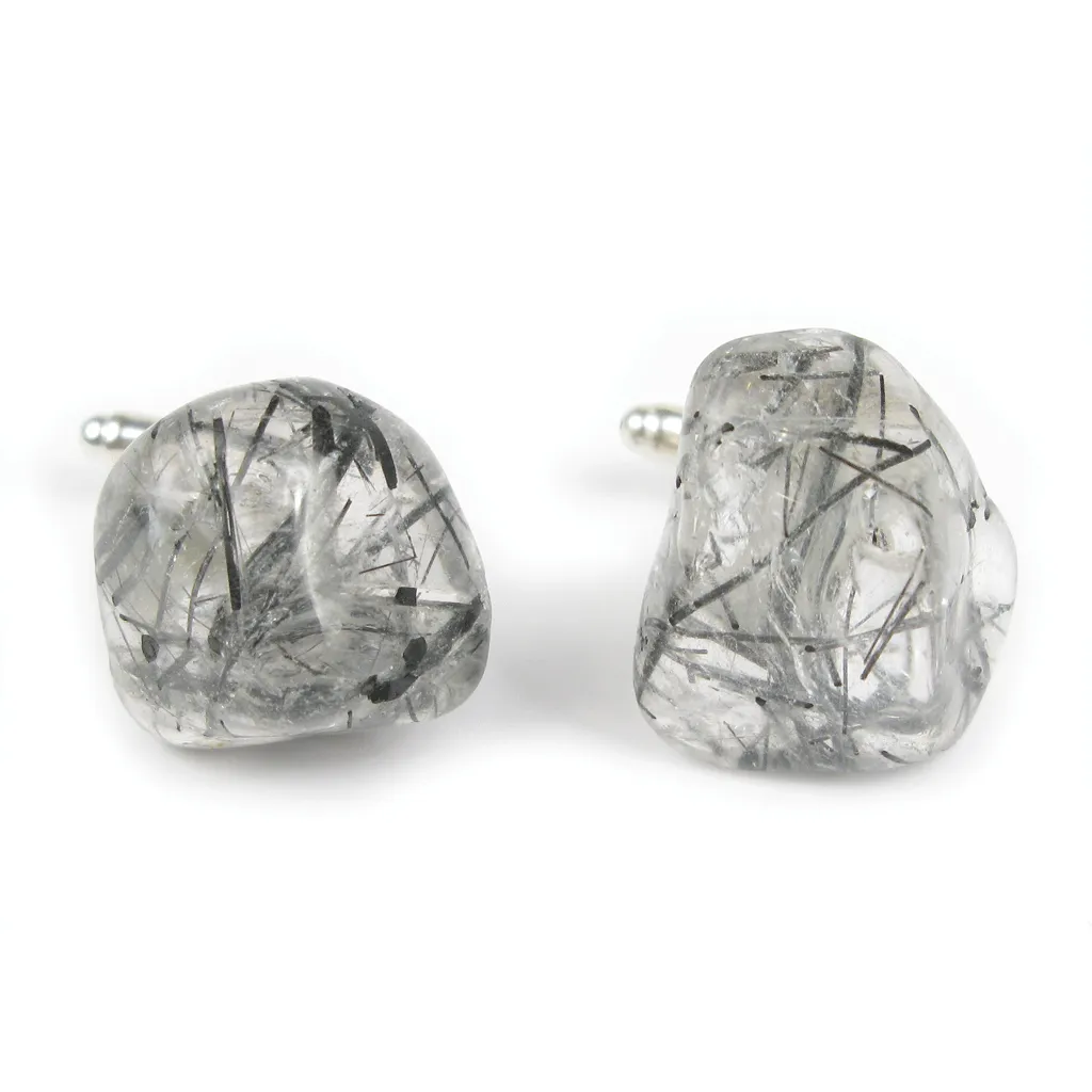 One-Of-A-Kind Tumbled Tourmalinated Crystal Quartz Cufflinks