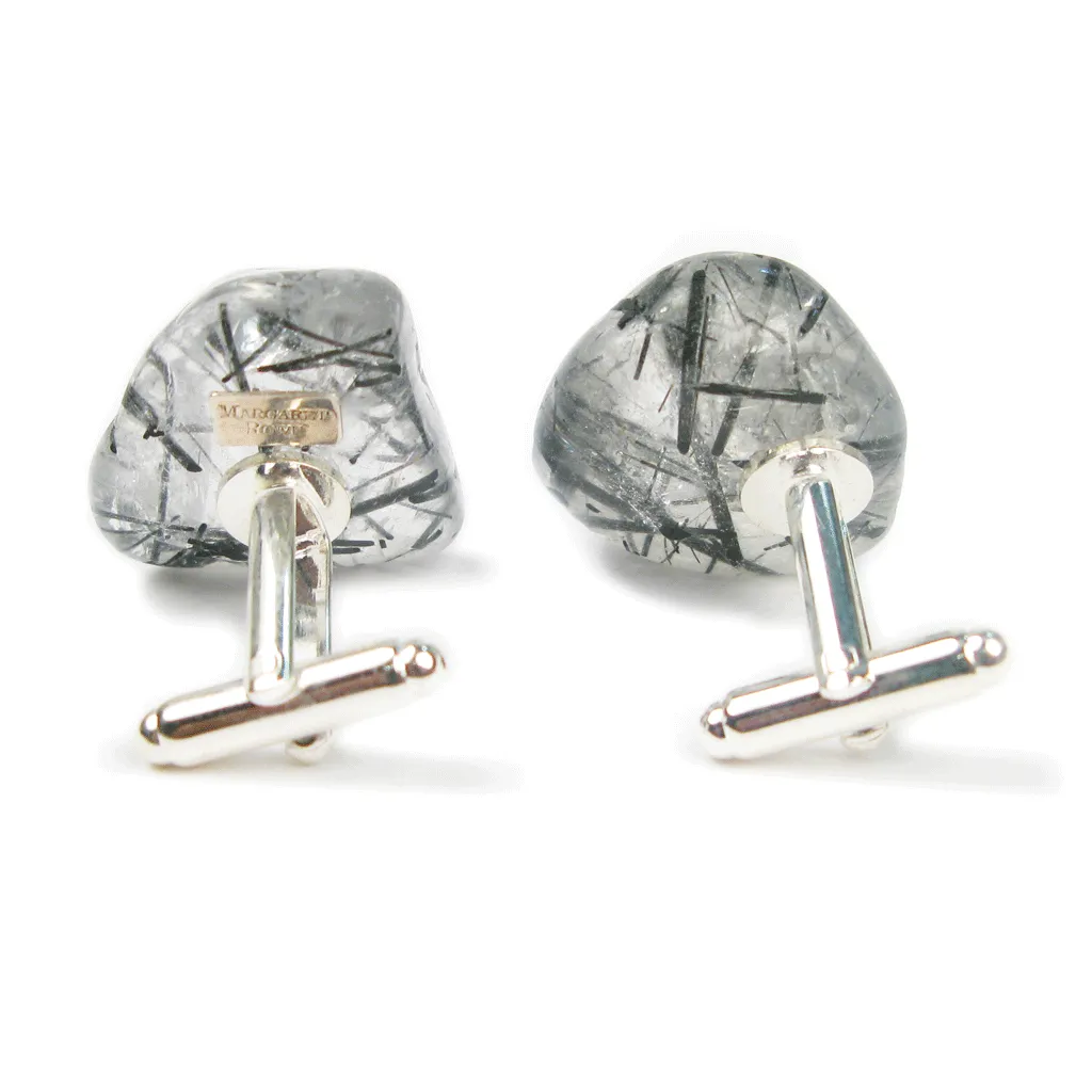 One-Of-A-Kind Tumbled Tourmalinated Crystal Quartz Cufflinks