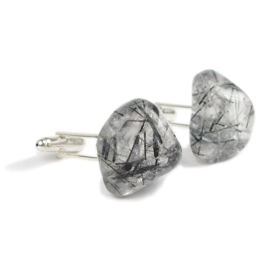 One-Of-A-Kind Tumbled Tourmalinated Crystal Quartz Cufflinks