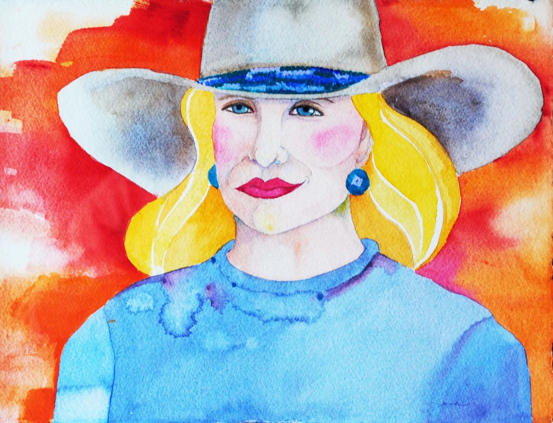 Original Blonde Cowgirl Watercolor by Linda Lucy Lunde