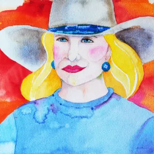 Original Blonde Cowgirl Watercolor by Linda Lucy Lunde