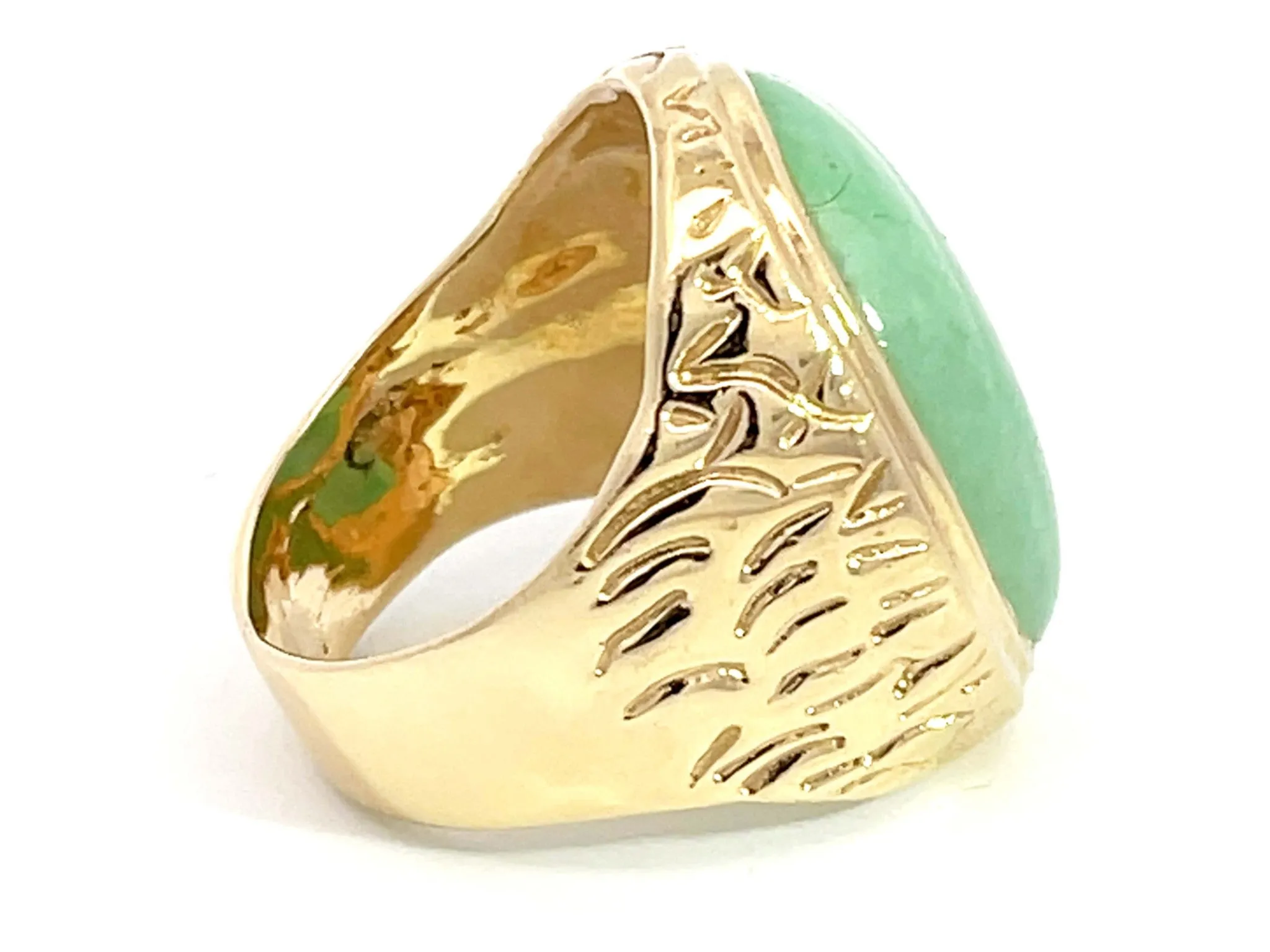 Oval Cabochon Green Jade Ring with Textured Bark Shoulders in 14K Yellow Gold