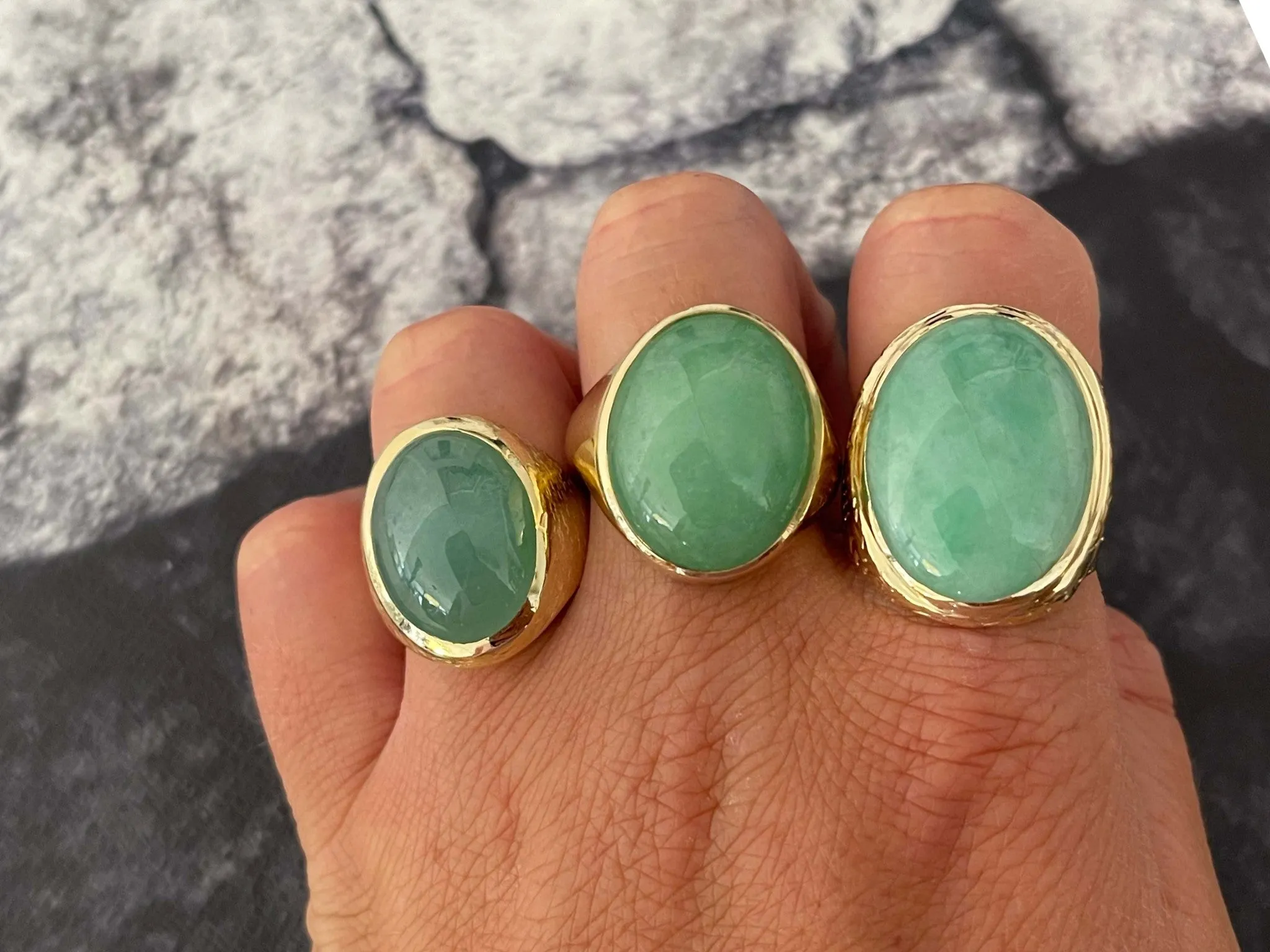 Oval Cabochon Green Jade Ring with Textured Bark Shoulders in 14K Yellow Gold