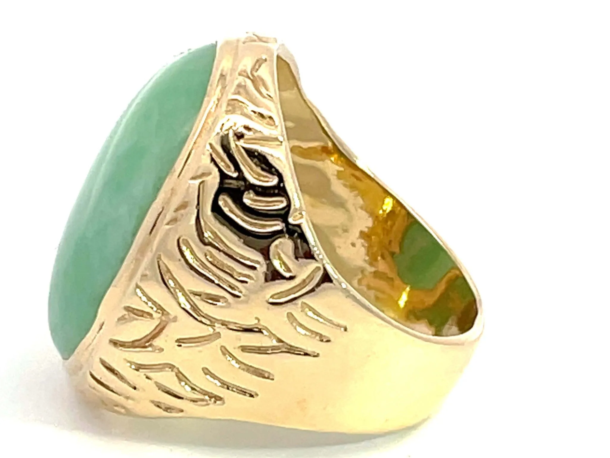 Oval Cabochon Green Jade Ring with Textured Bark Shoulders in 14K Yellow Gold