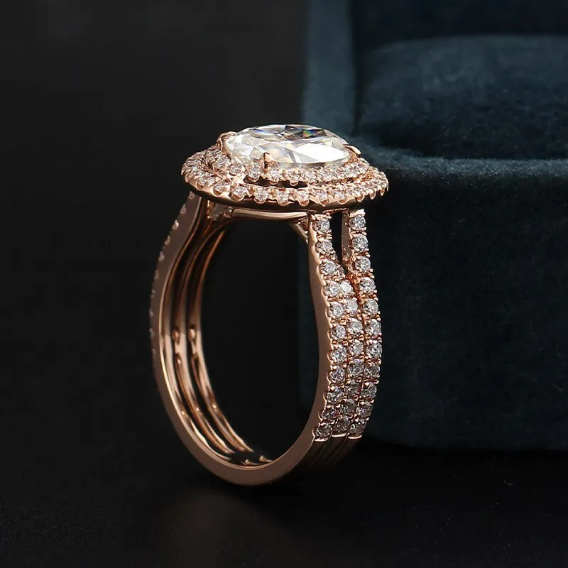 Oval Cut 14k Rose Gold Double Halo Engagement Ring
