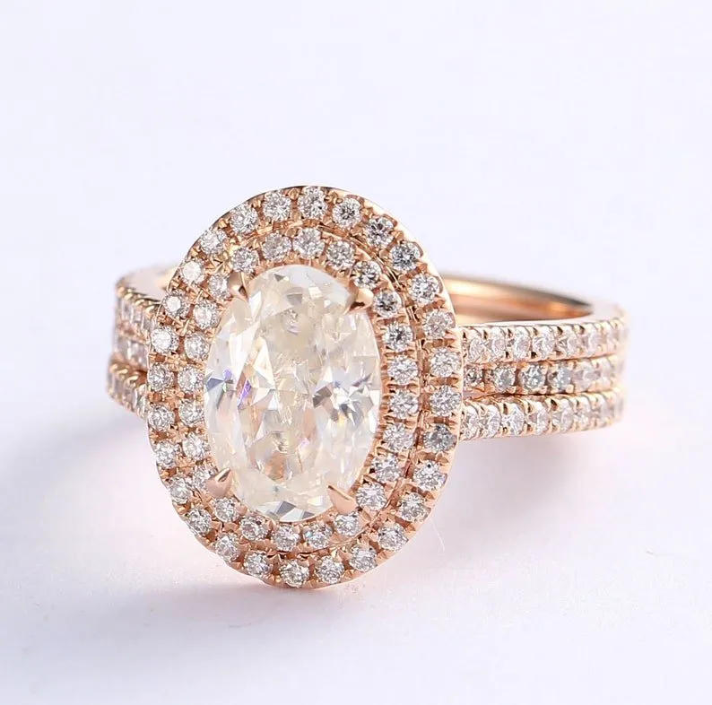 Oval Cut 14k Rose Gold Double Halo Engagement Ring