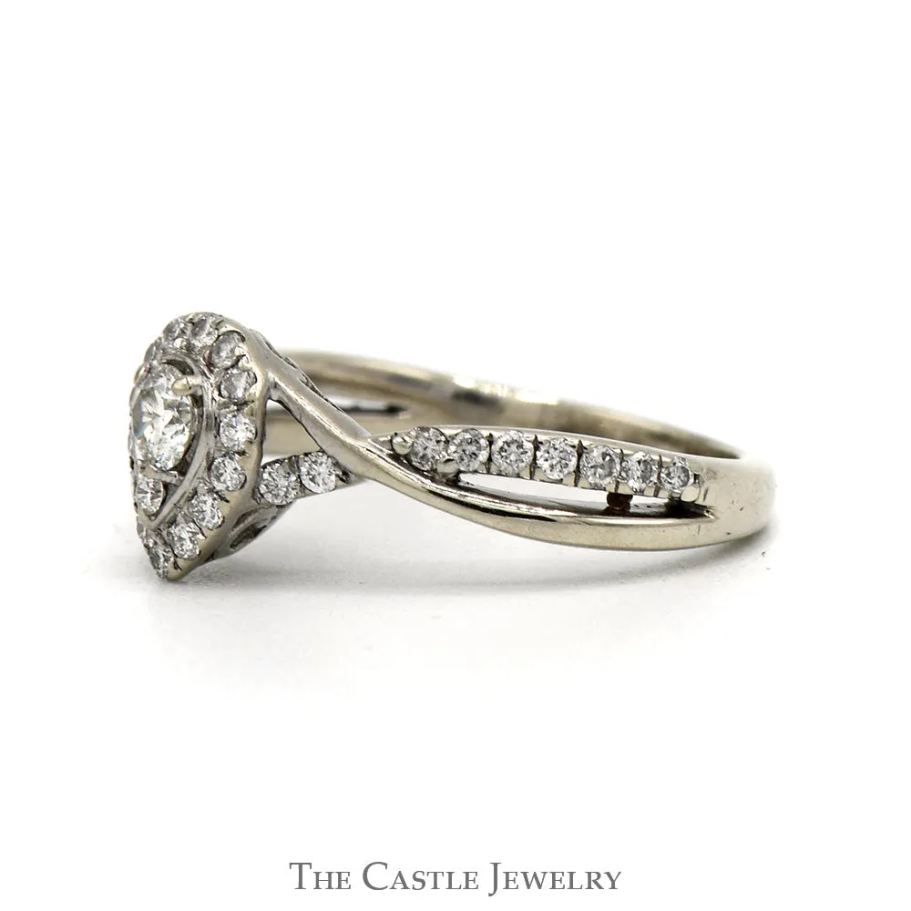Pear Shape Diamond Engagement Ring With Round Brilliant Cut Diamond Halo And Sides .50CTTW In 14KT White Gold