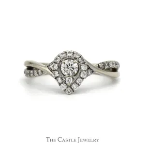 Pear Shape Diamond Engagement Ring With Round Brilliant Cut Diamond Halo And Sides .50CTTW In 14KT White Gold