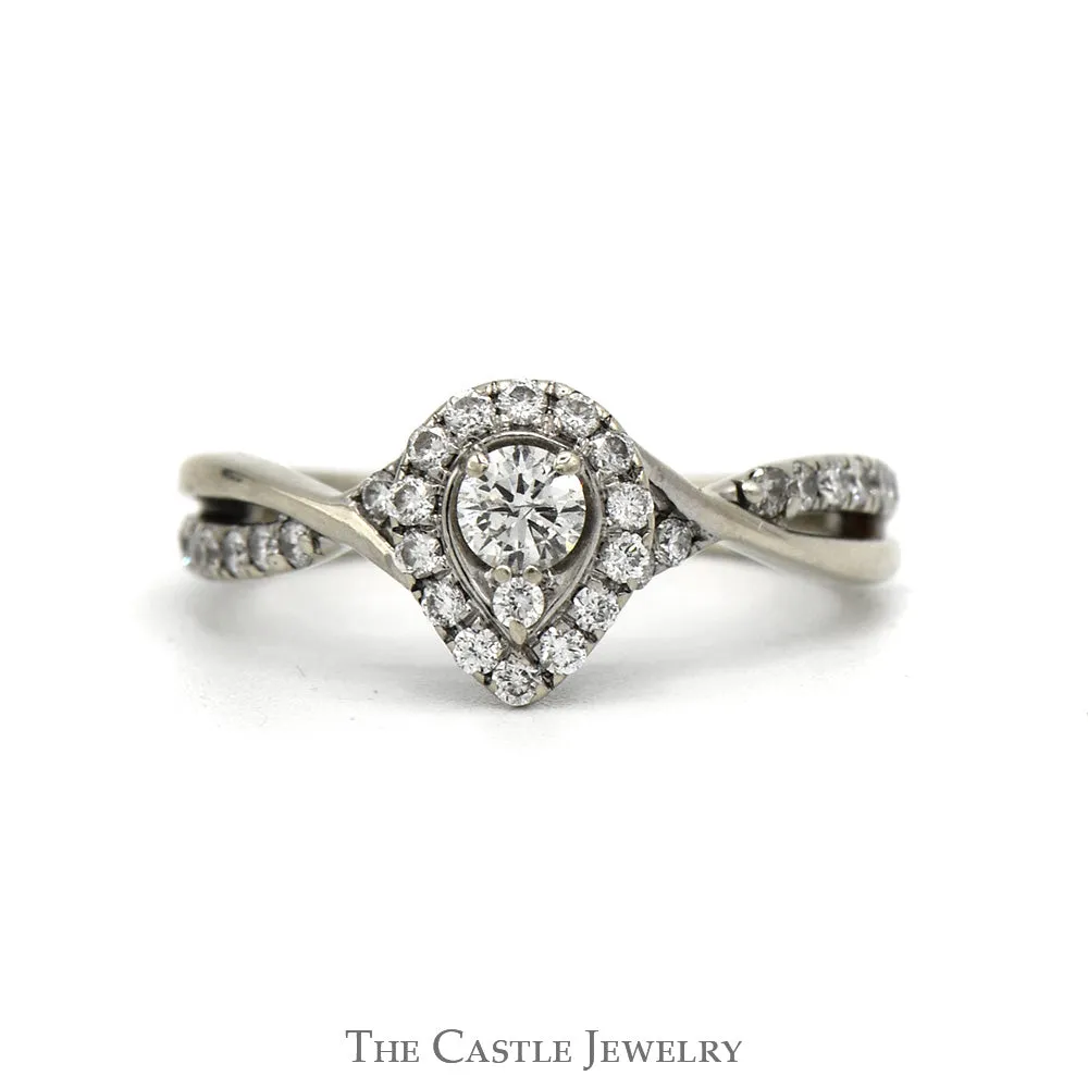 Pear Shape Diamond Engagement Ring With Round Brilliant Cut Diamond Halo And Sides .50CTTW In 14KT White Gold