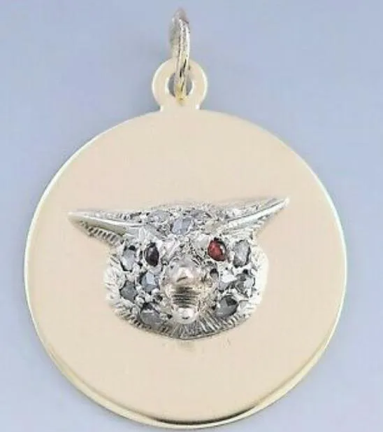 Pendant 14kt Gold and Diamond Fox Mask Form on 14kt Gold Disc Vintage