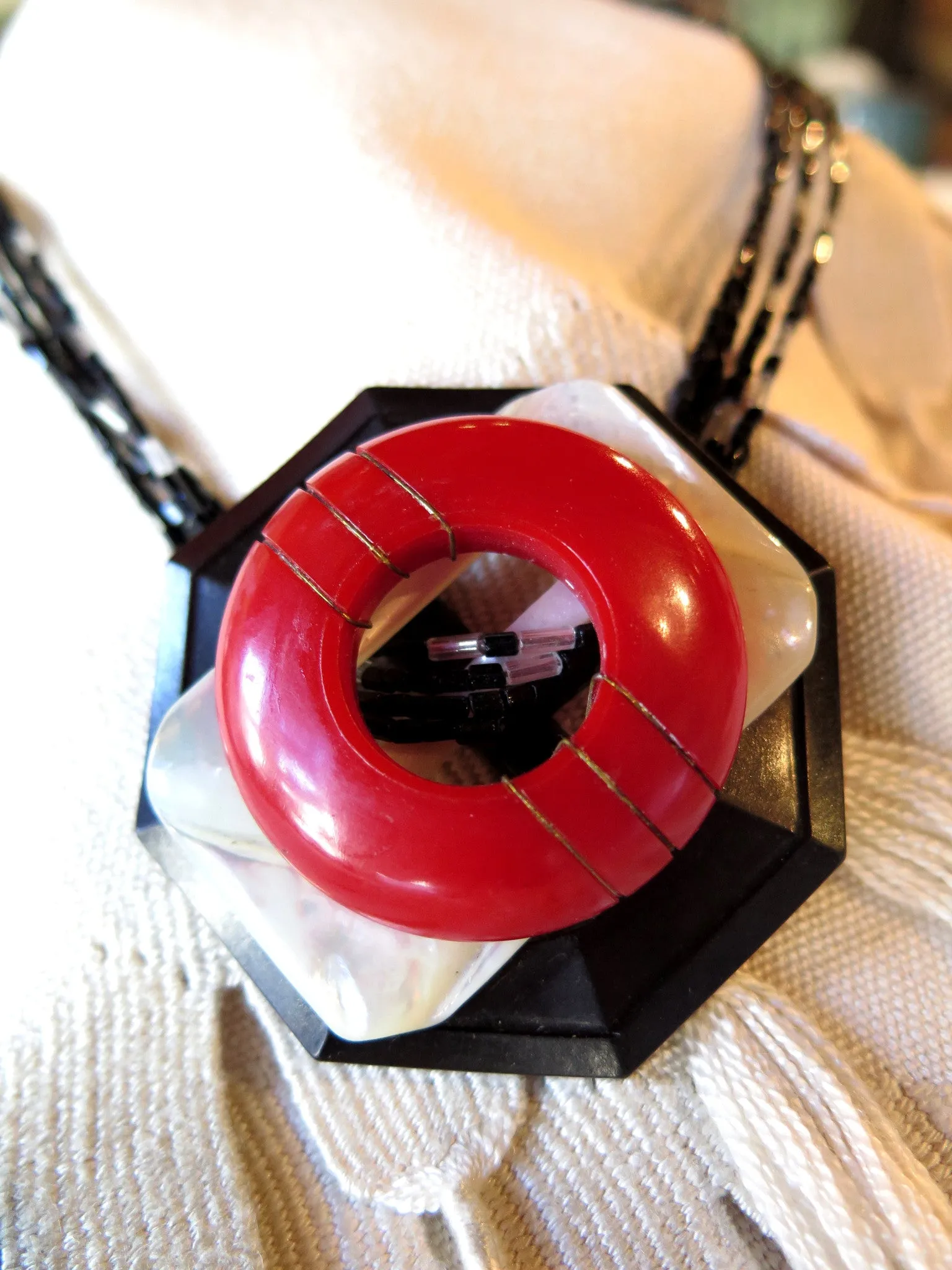 Pendant Necklace of Jet Bugles and Vintage Buckles