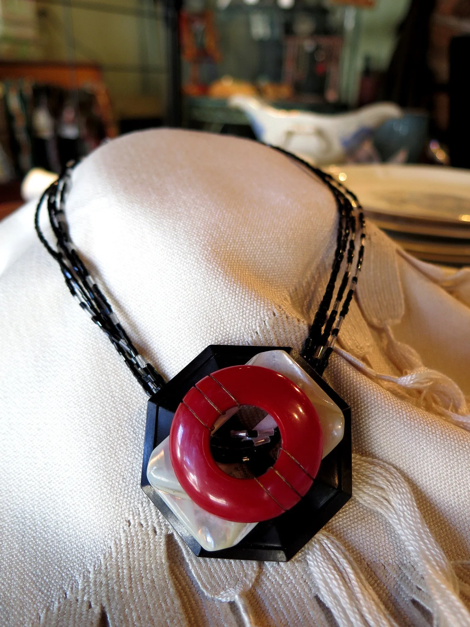 Pendant Necklace of Jet Bugles and Vintage Buckles