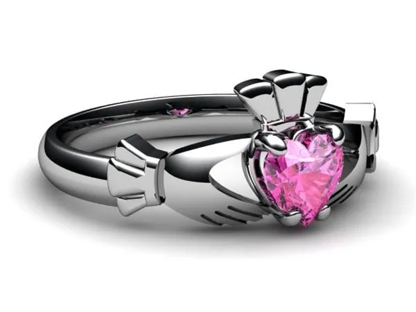 PINK SAPPHIRE 14K WHITE Gold Claddagh Ring <font color="#FF0000"> IN STOCK!  Ships in 48 Hours!</font>