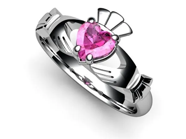 PINK SAPPHIRE 14K WHITE Gold Claddagh Ring <font color="#FF0000"> IN STOCK!  Ships in 48 Hours!</font>