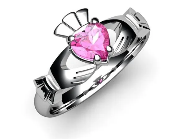 PINK SAPPHIRE 14K WHITE Gold Claddagh Ring <font color="#FF0000"> IN STOCK!  Ships in 48 Hours!</font>