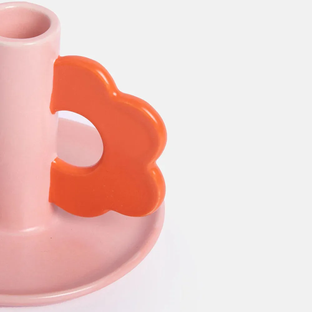 Pink/Red Flower Stoneware Candle Holder